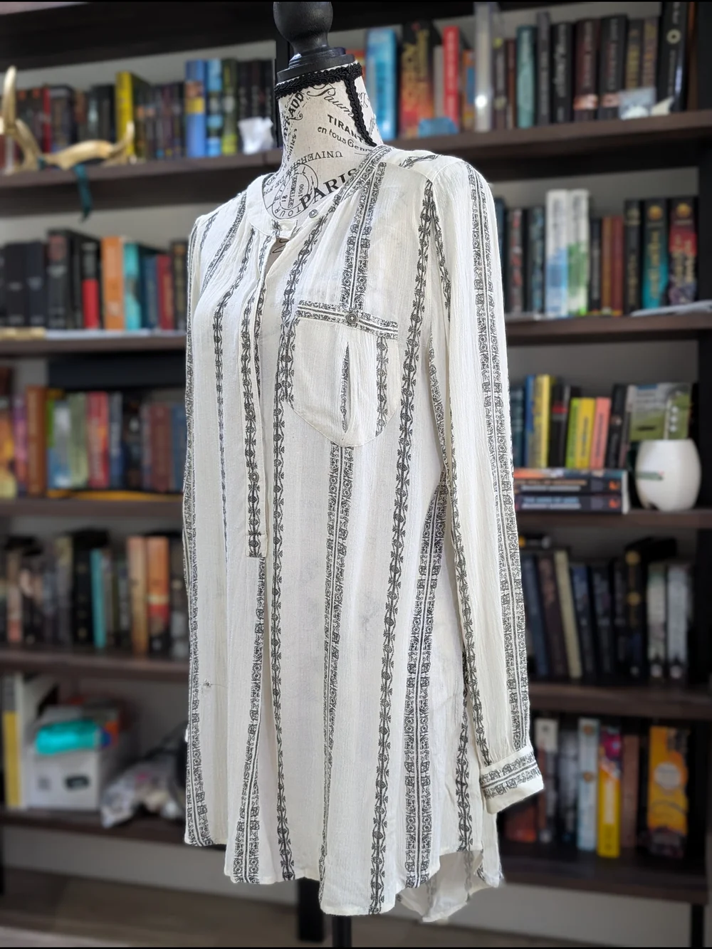 Free People White Boho Stripe Tunic Top with Black Accent Stripes